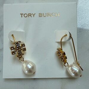 NEW Tory Burch Embellished Gold and Pearl Drop Earrings